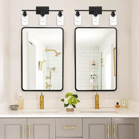 Three Light Matte Black Bathroom Vanity Light With Clear Glass Shades Anti Rust Modern Wall Lamp in bathroom setting