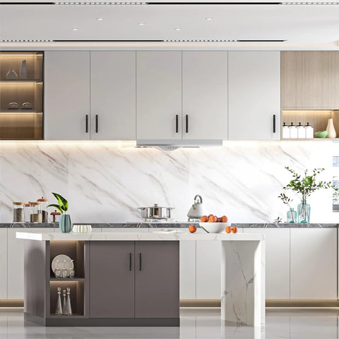 Modern kitchen with white cabinets featuring 10 Pack 3.75 Inch Matte Black Knurled Cabinet Pull Handles For Kitchen Cabinets Cupboards And Drawers.