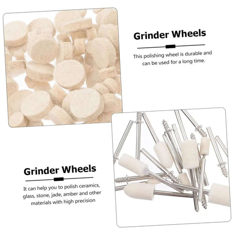 Close-up of 120Pcs Wool Buffing Wheels Set With Mandrel Handle For Rotary Tools, showing buffing wheels and mandrels for polishing.