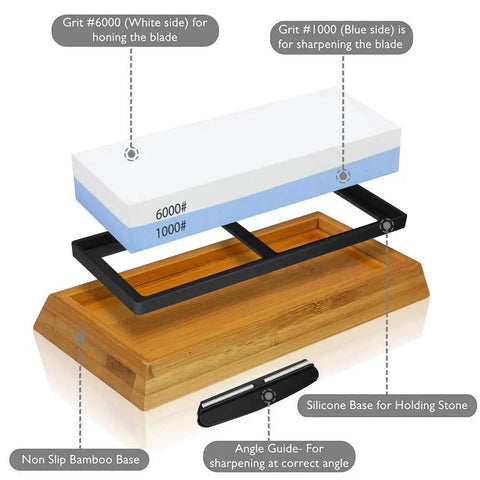 Diagram of Two Sided 1000 And 6000 Grit Whetstone Knife Sharpener Kit with bamboo base and angle guide