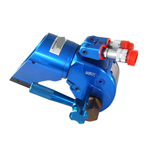 Industrial Grade Hydraulic Torque Wrench 3/4 Inch Square Drive Bolt Tightening Machine with 360 swivel fittings side view.