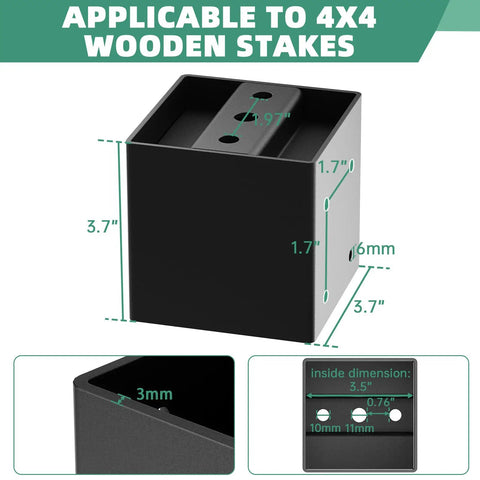 Heavy Duty 4x4 Post Base Uses Concealed Fasteners And Hidden Bolts For Secure Outdoor Deck Railings, black metal bracket dimensions shown.