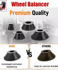 Top Shelf Four Piece Wheel Balancer Taper Cone Set Built Tough With Heavy Duty Forty Five Steel For 40mm Shafts And Universal Fitment On Cars And Trucks Ride Ready Garage Must Haves, showing premium quality taper cones.