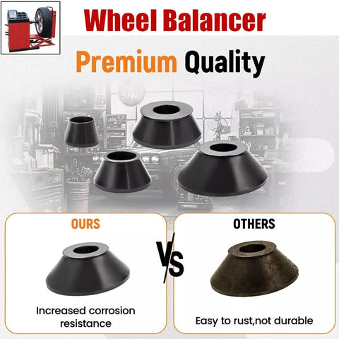 Top Shelf Four Piece Wheel Balancer Taper Cone Set Built Tough With Heavy Duty Forty Five Steel For 40mm Shafts And Universal Fitment On Cars And Trucks Ride Ready Garage Must Haves, showing premium quality taper cones.
