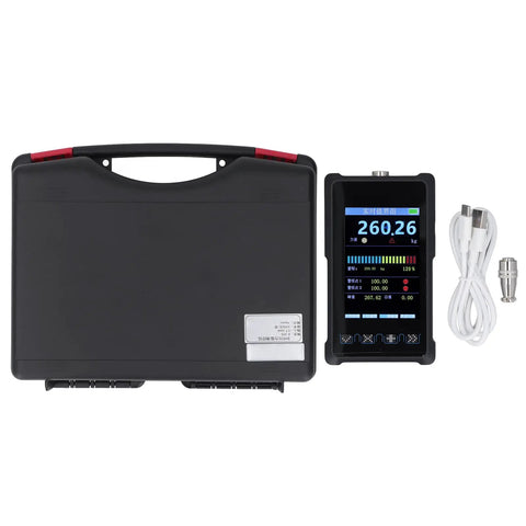 Handheld Digital Force Meter With Auto Calibration All In One Push And Pull Tester And Dynamometer Multiple Alarm Modes For Upper And Lower Limits Plus Peak And Valley Alerts Easy Readout For Quick, Accurate Force Measurements On The Go. black case, cable and probe
