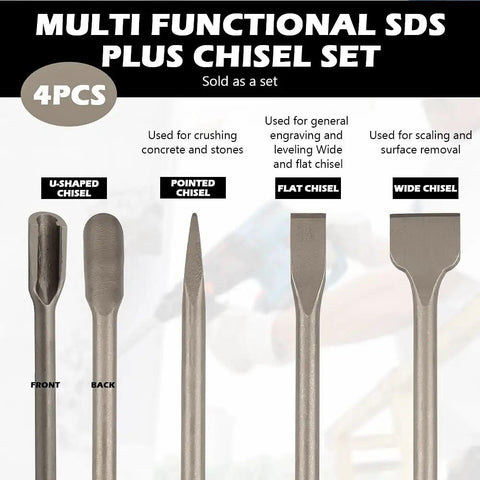 Heavy-Duty 4-Piece SDS-Plus Masonry Chisel Set; U-shaped, pointed, flat, and wide-mouth chisels shown with labels