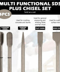 Beefy SDS Plus Tile Chisel Set with four heavy-duty chisel bits for concrete demolition and thinset removal, 40CrMo alloy.
