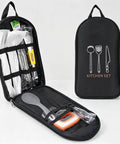 Open and closed Waterproof Camp Kitchen Knife Bag With Large Capacity Storage And Hooks for Camping, utensil sleeves visible inside