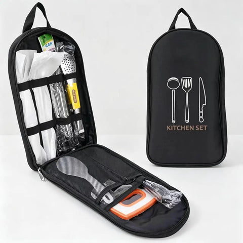 Open and closed Waterproof Camp Kitchen Knife Bag With Large Capacity Storage And Hooks for Camping, utensil sleeves visible inside