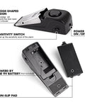 Two Pack Door Stop Alarm Security Tool with 120dB Siren showing wedge design, sensitivity switch, battery compartment, and non-slip pad.