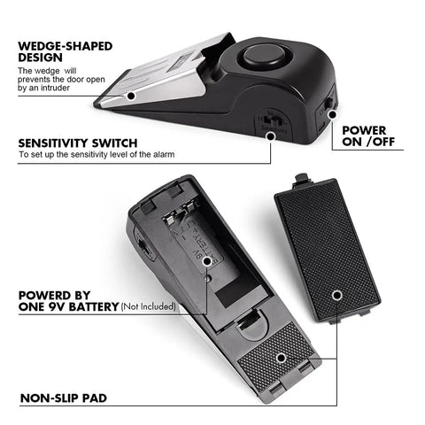 Two Pack Door Stop Alarm Security Tool with 120dB Siren showing wedge design, sensitivity switch, battery compartment, and non-slip pad.
