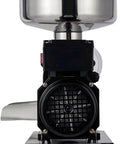 Heavy-Duty Stainless Steel Electric Tomato Press And Sauce Maker With Automatic Strainer, front view, showing detailed motor and bowl.