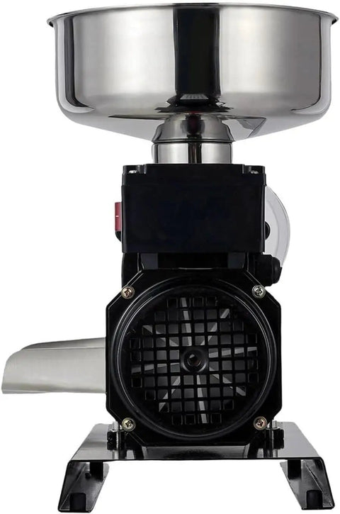 Heavy-Duty Stainless Steel Electric Tomato Press And Sauce Maker With Automatic Strainer, front view, showing detailed motor and bowl.
