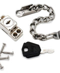 Deadlock Secure Stainless Steel Window Chain Lock And Door Cable Restrictor Badass Child Safe And Anti Theft Protector With Key For Flat Windows parts including chain, lock, key, screws.