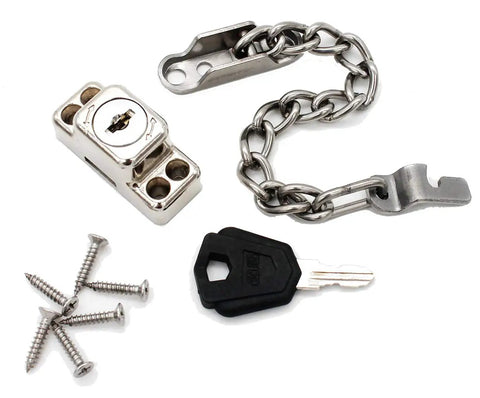 Deadlock Secure Stainless Steel Window Chain Lock And Door Cable Restrictor Badass Child Safe And Anti Theft Protector With Key For Flat Windows parts including chain, lock, key, screws.