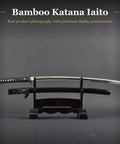 Unsharpened Stainless Steel Iaido Training Sword For Safe Practice 28 Inch Katana Iaito With Audible Swing displayed on stand