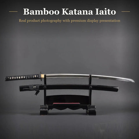 Unsharpened Stainless Steel Iaido Training Sword For Safe Practice 28 Inch Katana Iaito With Audible Swing displayed on stand