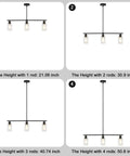 Height options for 3 Light Black Kitchen Island Lighting Fixture Over Table Totally Modern Linear Chandelier With Clear Glass Shades