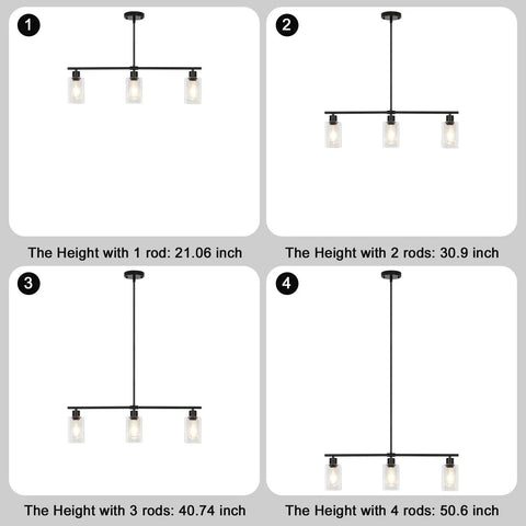 Height options for 3 Light Black Kitchen Island Lighting Fixture Over Table Totally Modern Linear Chandelier With Clear Glass Shades