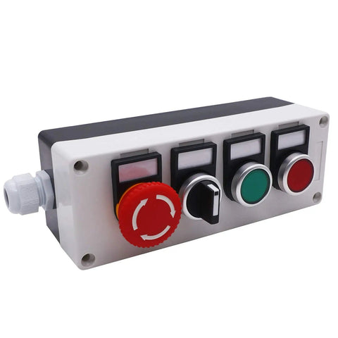 Red Mushroom Emergency Stop Push Button Switch, self-locking latching rotary, 3 positions, 2NO, 10A 440V in station box mount