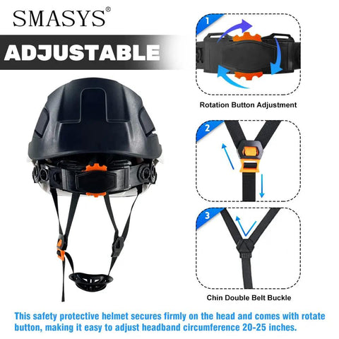 Adjustable black helmet with rotation button and chin belt buckle features