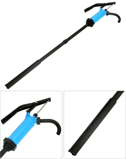 Heavy Duty Hand Siphon Pump 2 Pack For Transferring Thick Liquids Like Motor Oil Without The Sweat Boasts A Slick Quick Fit And Works Right Outta The Box On 5 To 55 Gallon Drums Naturally, featuring a blue pump body and flexible nozzle.