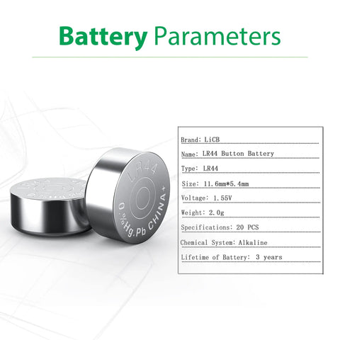 Top Shelf 20 Pack Lr44 Ag13 357 303 Sr44 1.5V Button Coin Cell Batteries for Digital Calipers Smart Watches Remote Controls Gadgets That Need Serious Oomph to Stay Alive All Day - LR44 button batteries on display.