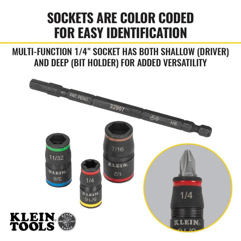 7-In-1 Flip Socket Set With SAE Nut Driver Sizes 1/4 In, 5/16 In, 11/32 In, 3/8 In, 7/16 In, 1/2 In, 1/4 In Bit Holder shown with color-coded sockets.