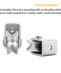 Stainless Steel Heavy Duty Wire Rope Pulley Block for Sliding Gates With V Groove Wheel, mounting hole plate shown