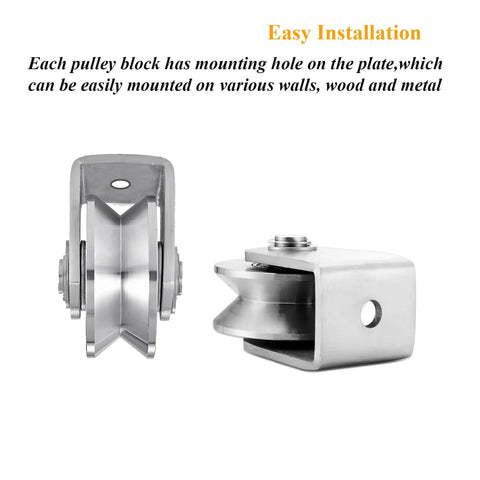 Stainless Steel Heavy Duty Wire Rope Pulley Block for Sliding Gates With V Groove Wheel, mounting hole plate shown
