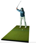 Golfer swinging on 4x9 Golf Mat With 2 3/8 Inch Thick Construction, Game Ready Feel, Dual Stance Hitting Strip For Right And Left Handed Players