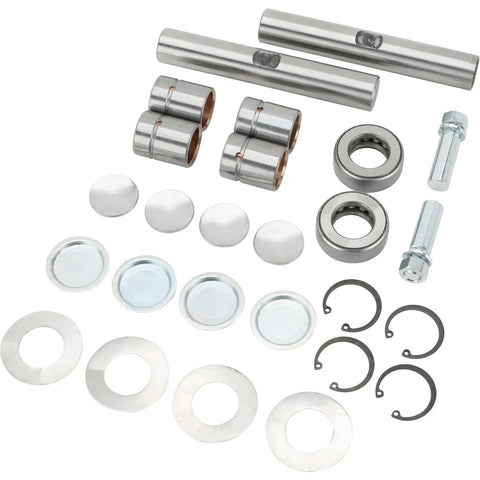 Front End King Pin Kit For 1949 1954 Chevy Spindles With Bushings Bearings And Locks, Steel Construction, laid out in parts.