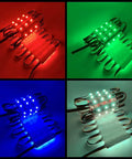 Bright Dope LED Storefront Window Lights Kit For Business Waterproof RGB Light Strips 60 Ft With 120 Pieces Upgraded Thermal Conductive Board Ideal For Advertising Signs Lightboxes And Letter Sign Displays shown in red, green, blue, and white colors.