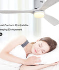 Super Quiet 52 Inch Ceiling Fan With Lights And Remote, Low Profile Flush Mount Modern Wood Fan Over Sleeping Woman