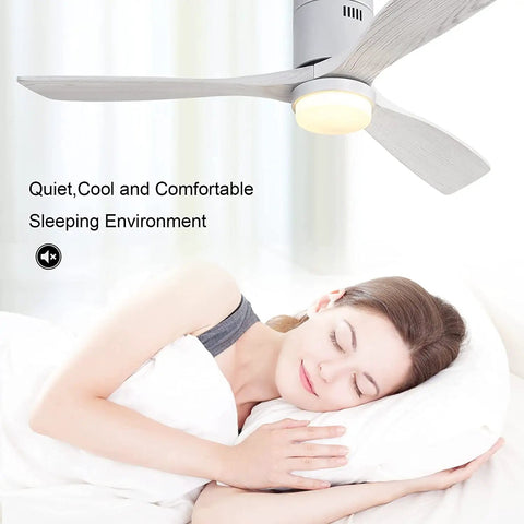 Super Quiet 52 Inch Ceiling Fan With Lights And Remote, Low Profile Flush Mount Modern Wood Fan Over Sleeping Woman