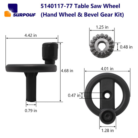 Replacement Table Saw Hand Wheel And Bevel Gear Kit For DeWalt Saws Like DW745 with measurements and product details