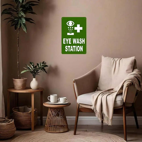 8x12 Inch Eye Wash Station Sign High Visibility Green Background With White Graphic And Text on indoor wall
