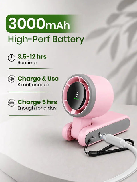 Rechargeable Handheld USB Fan With 5 Speeds For On The Go Personal Cooling Breeze Foldable Battery Operated Travel Fan For Home Office And Outdoors Use High Speed 13550 RPM Pink with charging feature and 3000mAh battery.