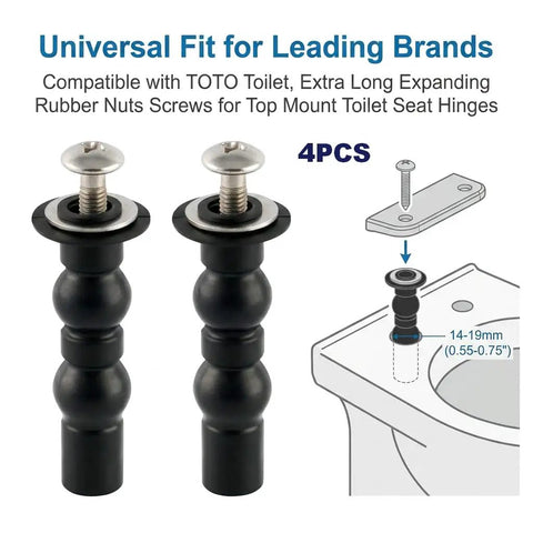 Universal Toilet Seat Bolts Replacement Kit For THU651N And Most 14-19mm Standard Seats, 4-Pack Heavy-Duty Stainless Steel Hardware, Quiet Secure Fit, Easy Install, Compatible With Kohler American Standard And More. 4PCS bolts with expanding rubber nuts for 14-19mm holes.