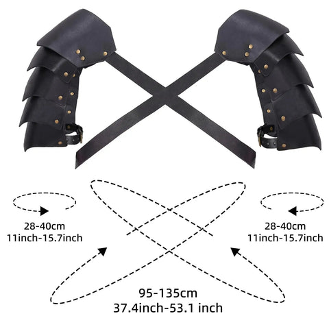 Double Pauldrons Faux Leather Shoulder Armor For Larp Cosplay And Ren Faire shown with measurements and adjustable straps