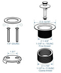 Diagram of Oil Rubbed Bronze Tub Drain Trim Kit With Lift And Turn Overflow Faceplate, two-hole conversion, fine and coarse threads.