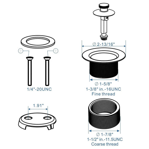 Diagram of Oil Rubbed Bronze Tub Drain Trim Kit With Lift And Turn Overflow Faceplate, two-hole conversion, fine and coarse threads.