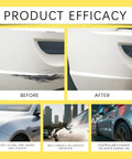 Before and after images showing Pro Grade Scratch Eraser Paste That Buffs Out Gnarly Dings And Road Rash Fast results on car panels.