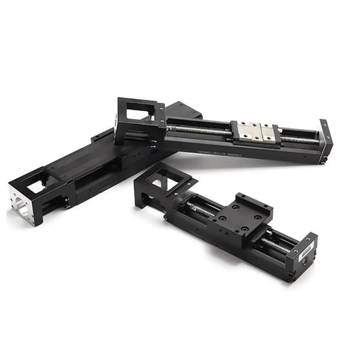 High Precision Single Axis Linear Stage With Beefy Steel Base And Tight 0.01mm Repeatability For Smooth CNC Machining And 3D Printing Includes Plug And Play 100W Servo Drive Kit, showcasing multiple linear stages stacked.