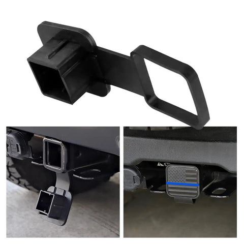 American Flag Trailer Hitch Cover 2 Inch Dustproof Tow Receiver Tube Plug Universal Fit for Most Cars, Durable TPU Patriotic Exterior Cap in Black and Blue mounted and detached
