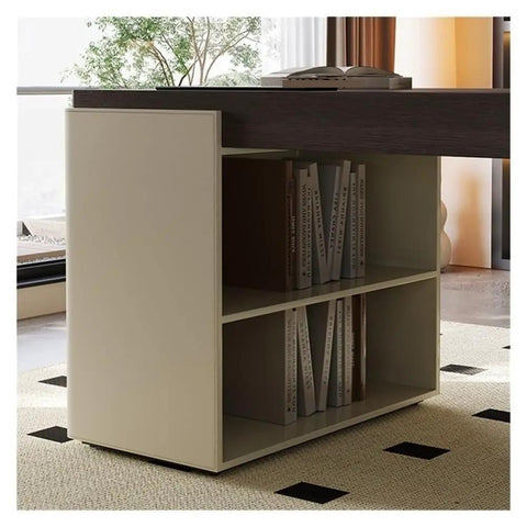 Top Shelf Standing Desk With Sleek Smoky Matte Paint Boss Ready Computer Workstation featuring a storage cubby with books.