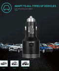 Dual USB Car Charger With Quick Charge 3.0, 2 USB Ports, In Car Carbon Monoxide Alarm With LCD Display, Black shown with various vehicles.