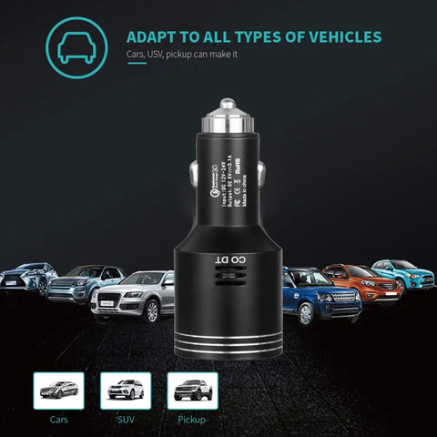 Dual USB Car Charger With Quick Charge 3.0, 2 USB Ports, In Car Carbon Monoxide Alarm With LCD Display, Black shown with various vehicles.