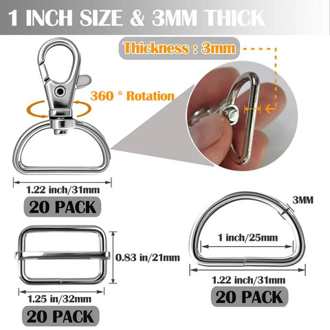 Heavy Duty One Inch Swivel Snap Hooks For Keys And Gear Sixty Pack image showing 1 inch clips, 3mm thick, and 360° rotation functionality.