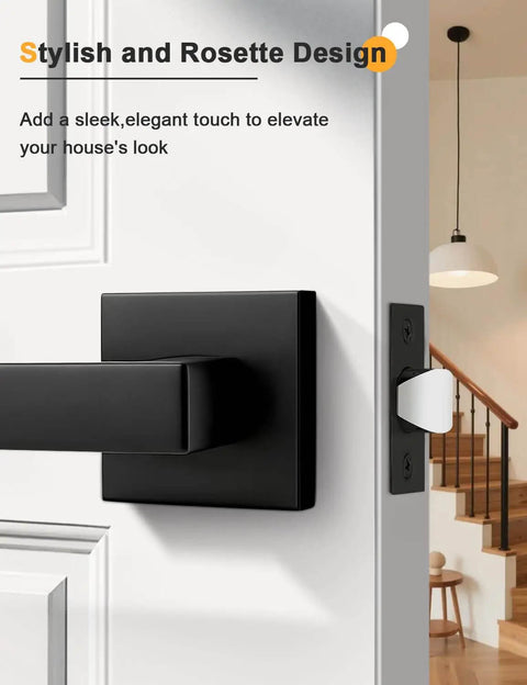 Square Black Interior Door Handle Set No Lock Passage Lever for Left or Right Handed Doors, Heavy Duty Matte Black Closet Door Handle